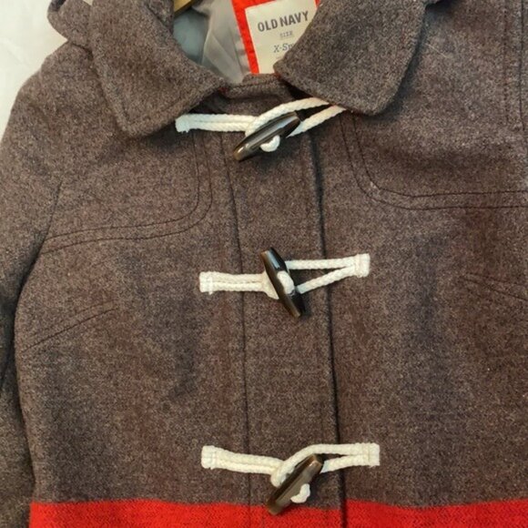Old Navy Wool Bland Coat Womens Red Brown Colorblock Hooded Full Zip Lined Sz XS - Picture 14 of 15